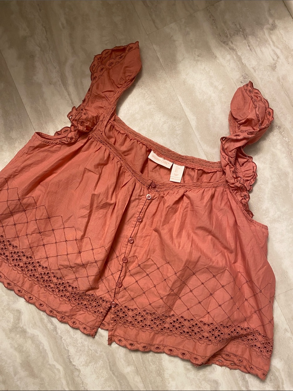 Shabby Chic Rust Pink Button-Front Lace Trim Eyelet Boho Cami Tank